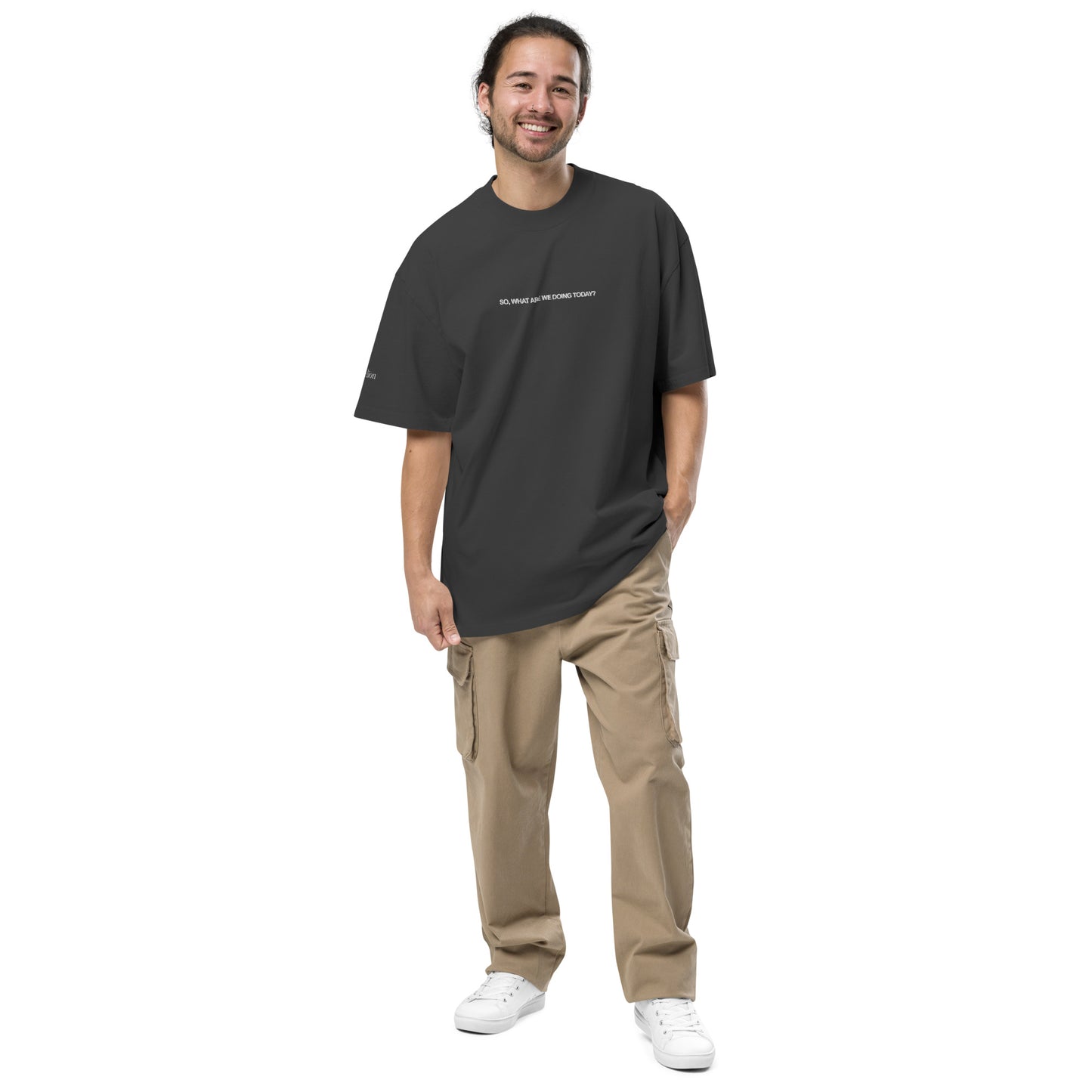 SO, WHAT ARE WE DOING TODAY? Oversized faded t-shirt | Front & Sleeve Embroidery | White