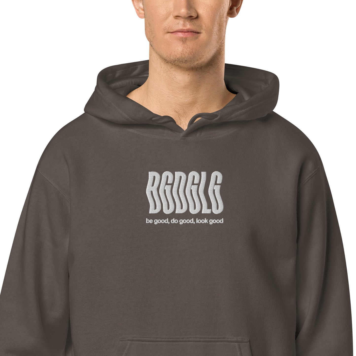 BGDGLG Unisex pigment-dyed hoodie | Front & Sleeve Embroidery | White