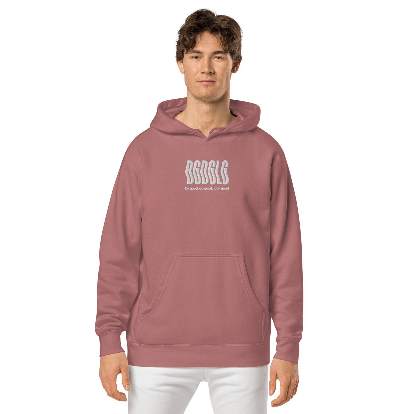 BGDGLG Unisex pigment-dyed hoodie | Front & Sleeve Embroidery | White
