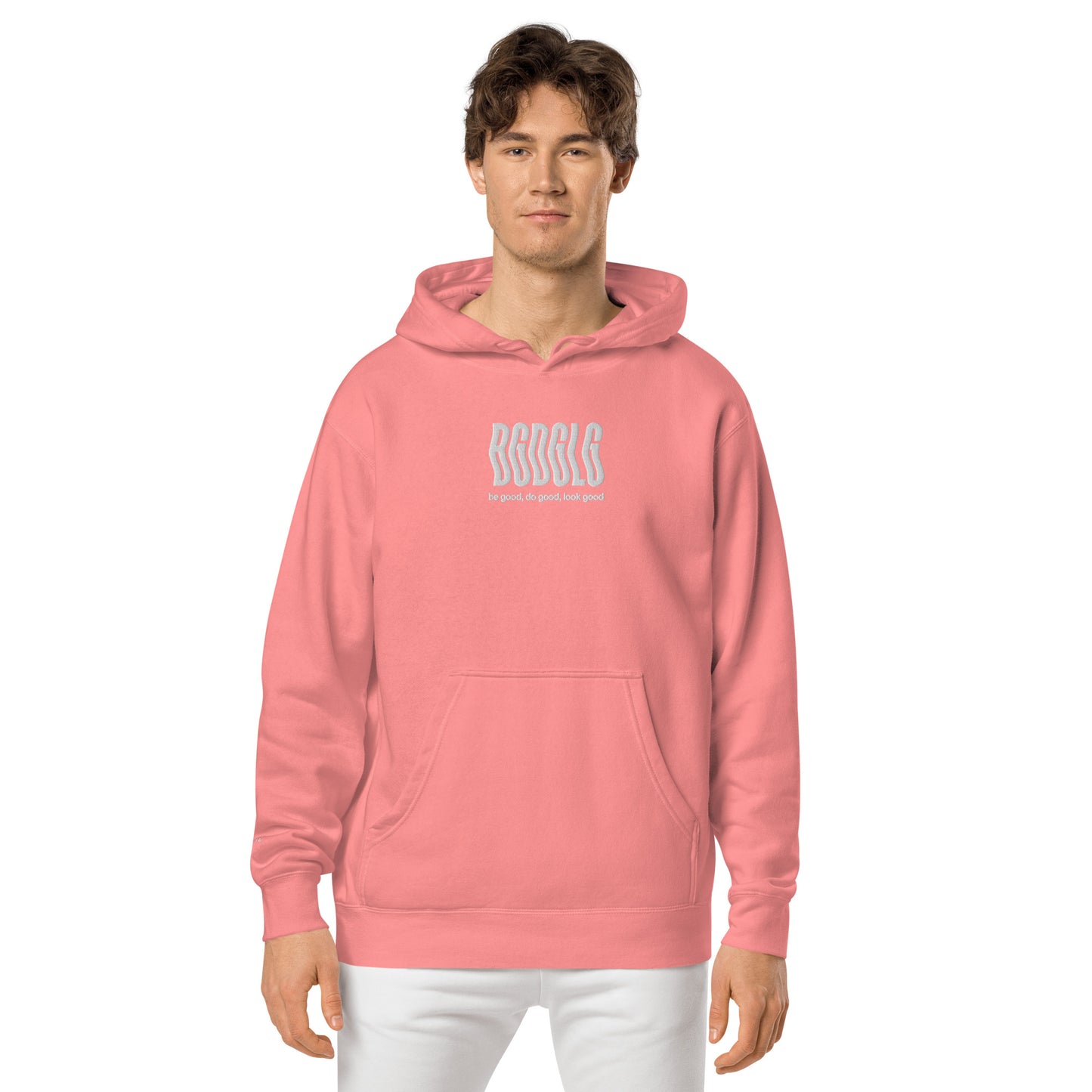 BGDGLG Unisex pigment-dyed hoodie | Front & Sleeve Embroidery | White