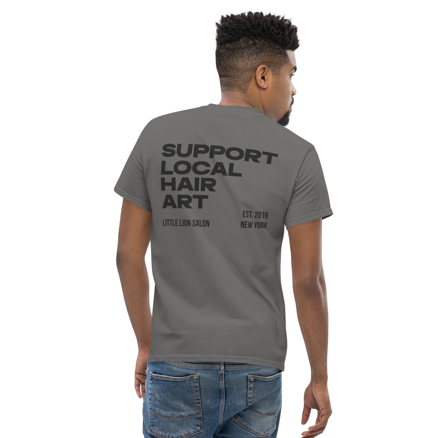 SUPPORT LOCAL HAIR ART Unisex classic tee | Back Print | Off Black