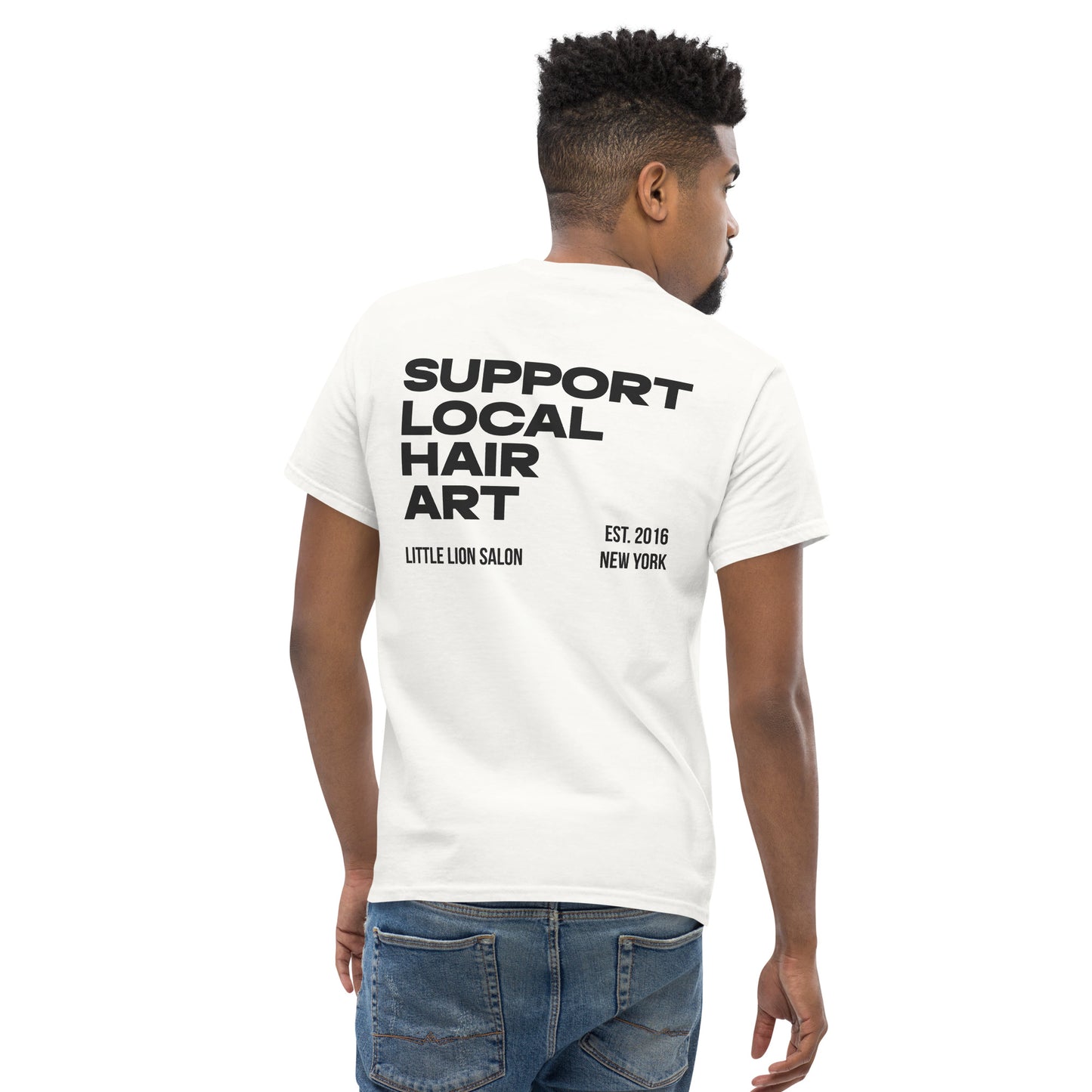 SUPPORT LOCAL HAIR ART Unisex classic tee | Back Print | Off Black