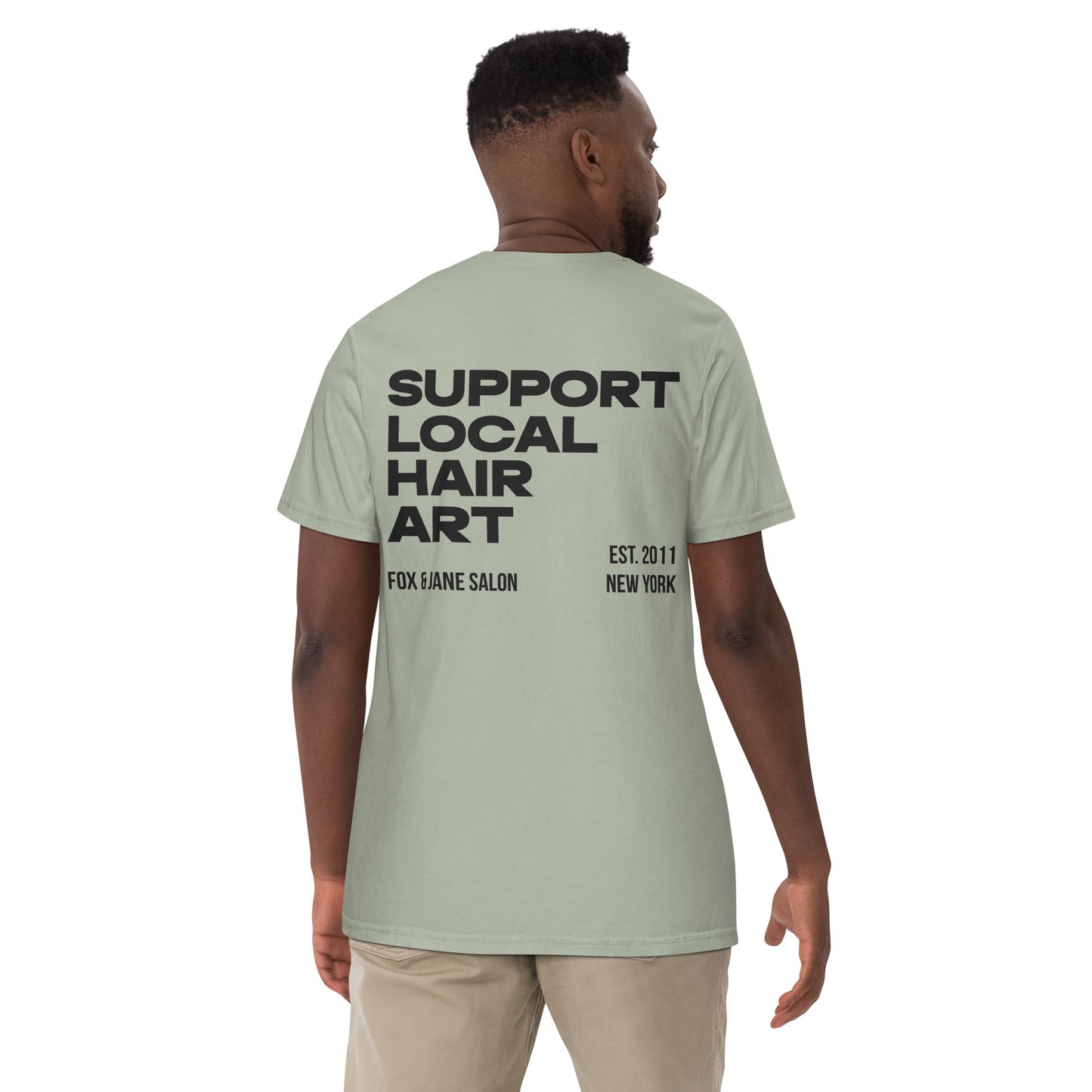 SUPPORT LOCAL HAIR ART Unisex garment-dyed heavyweight t-shirt | Back Print | Off Black