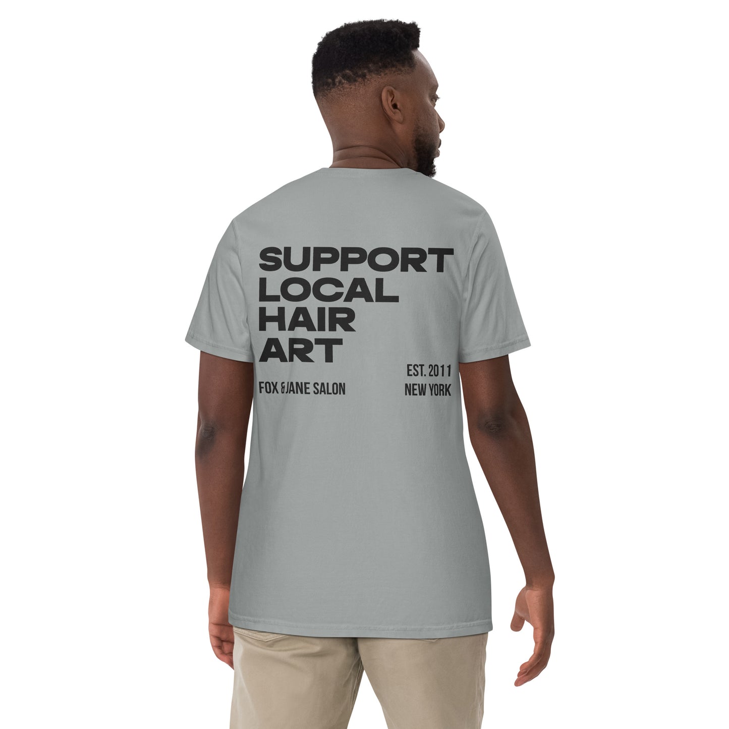 SUPPORT LOCAL HAIR ART Unisex garment-dyed heavyweight t-shirt | Back Print | Off Black