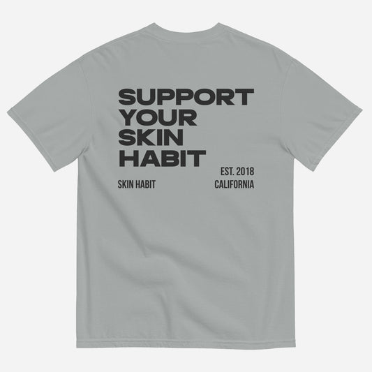 SUPPORT YOUR SKIN HABIT Unisex garment-dyed heavyweight t-shirt | Back Print | Off Black