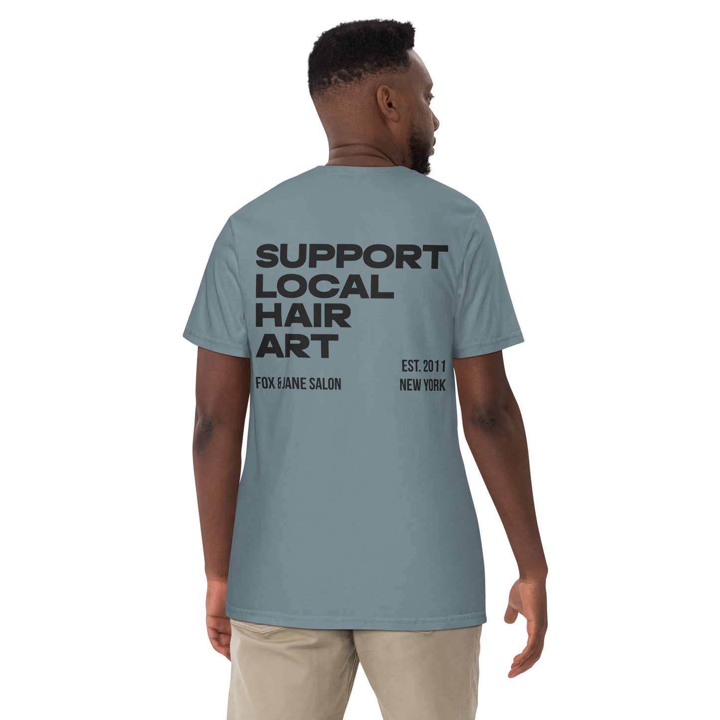 SUPPORT LOCAL HAIR ART Unisex garment-dyed heavyweight t-shirt | Back Print | Off Black