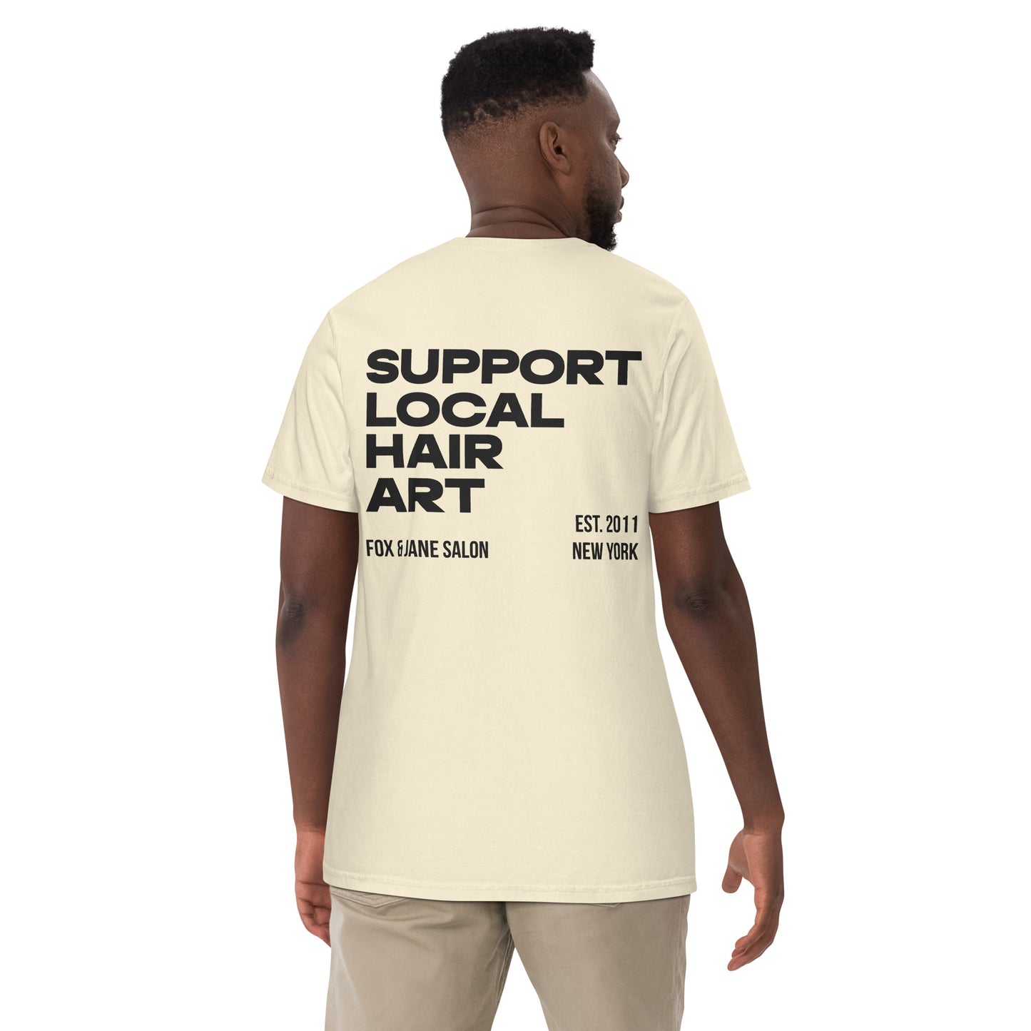 SUPPORT LOCAL HAIR ART Unisex garment-dyed heavyweight t-shirt | Back Print | Off Black