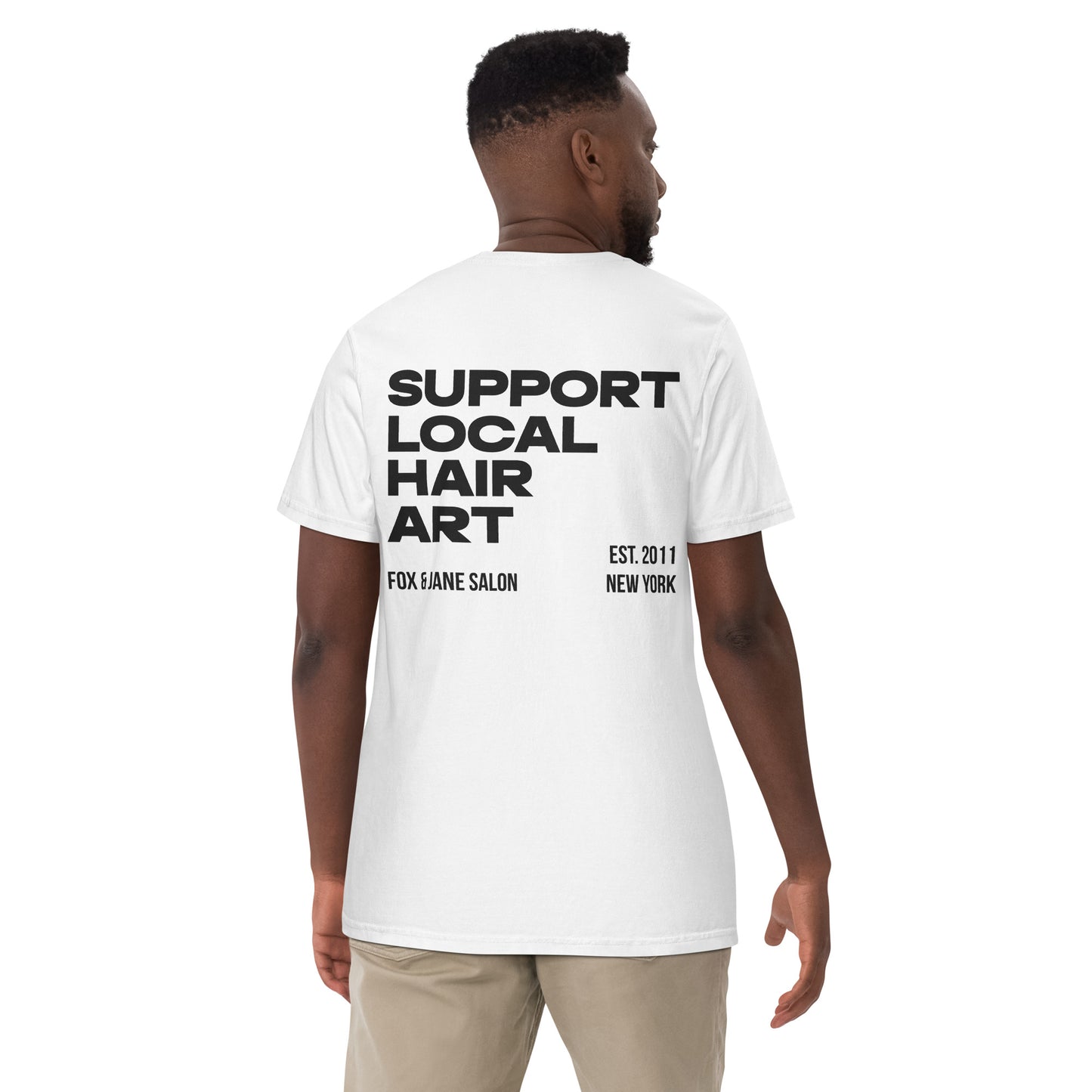 SUPPORT LOCAL HAIR ART Unisex garment-dyed heavyweight t-shirt | Back Print | Off Black