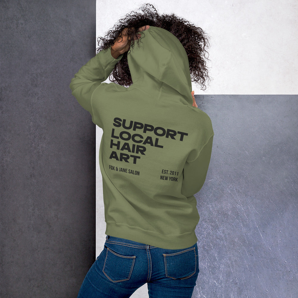 SUPPORT LOCAL HAIR ART Unisex Hoodie | Back Print | Off Black